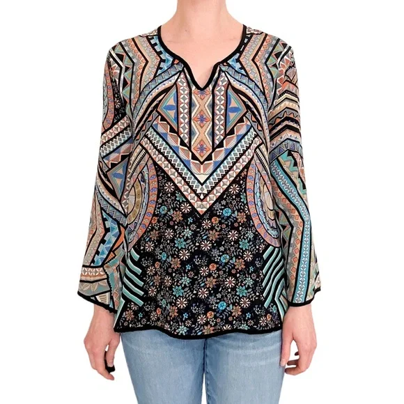 Tolani silk long sleeve blouse abstract print tunic navy blue Anthropologie - Picture 1 of 7